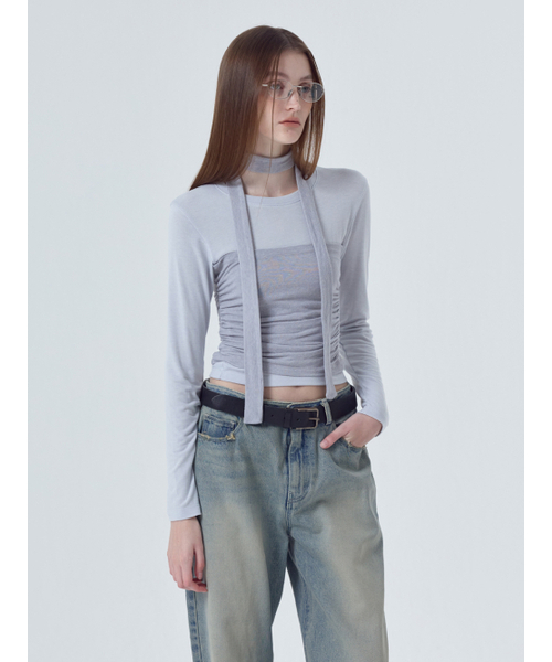 ETMON(エトモン)の「Layered Shirring Scarf T-Shirt, Ash Blue(Tシャツ/カットソー・レディース・その他・FREE)」の1枚目の写真