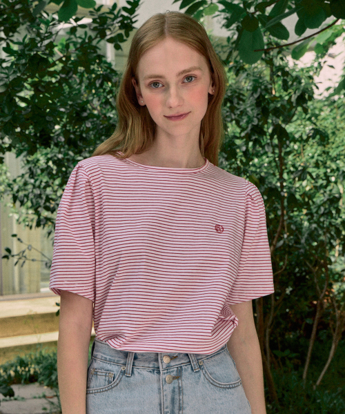 NONLOCAL(ノンローカル)の「Volume Sleeve Logo Stripe T-shirt - Red(Tシャツ/カットソー・レディース・その他・FREE)」の1枚目の写真