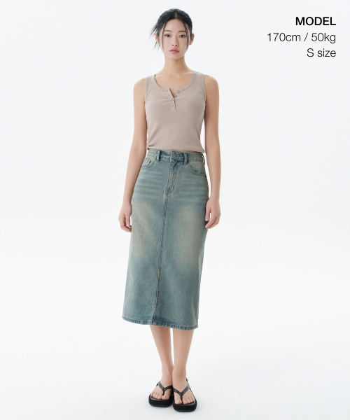 MUSINSA STANDARD WOMAN（ムシンサスタンダードウーマン）の「ウィメンズデニムミディスカート[イエロースカイブルー]（スカート・レディース・その他・LARGE/MEDIUM/SMALL/X-SMALL）」の2枚目の写真