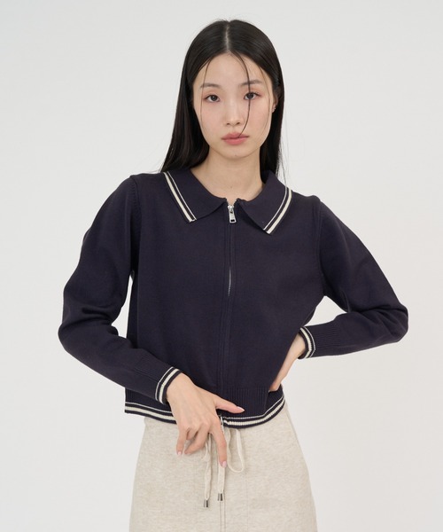 NUJOH(ヌゾ)の「Line Collar Zip Knit Cardigan / ラインカラージップニットカーディガン(Tシャツ/カットソー・レディース・ベージュ/グレー/ネイビー・FREE)」の1枚目の写真