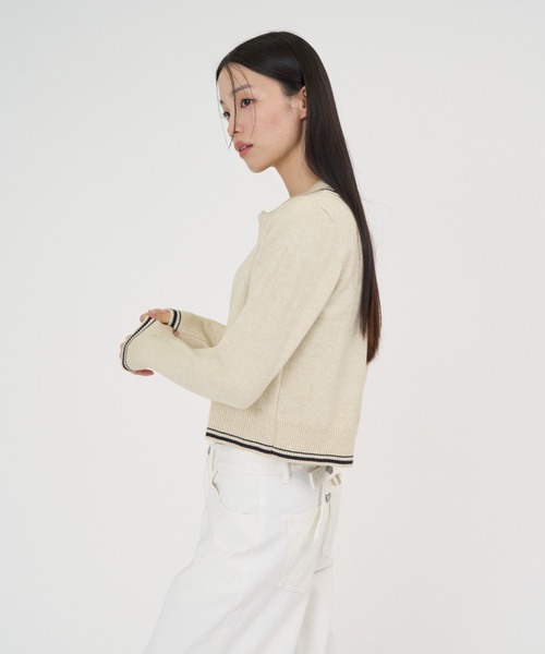 NUJOH(ヌゾ)の「Line Collar Zip Knit Cardigan / ラインカラージップニットカーディガン(Tシャツ/カットソー・レディース・ベージュ/グレー/ネイビー・FREE)」の4枚目の写真