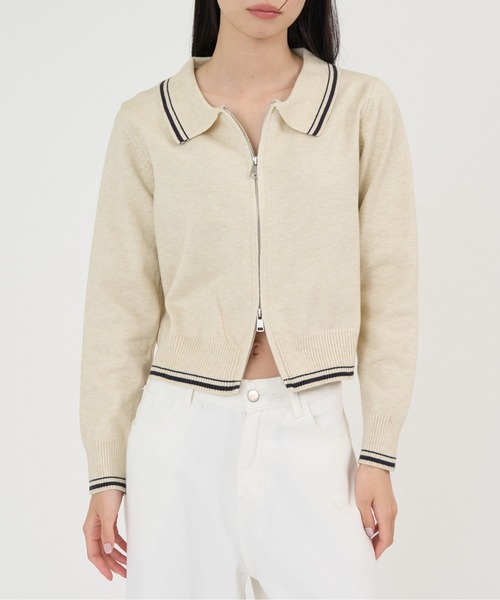 NUJOH(ヌゾ)の「Line Collar Zip Knit Cardigan / ラインカラージップニットカーディガン(Tシャツ/カットソー・レディース・ベージュ/グレー/ネイビー・FREE)」の5枚目の写真