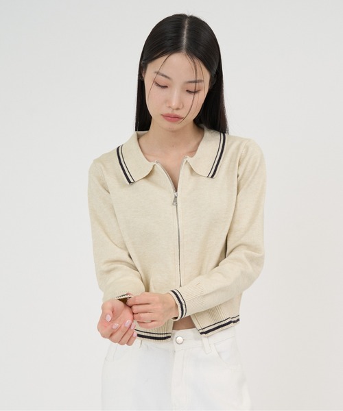 NUJOH(ヌゾ)の「Line Collar Zip Knit Cardigan / ラインカラージップニットカーディガン(Tシャツ/カットソー・レディース・ベージュ/グレー/ネイビー・FREE)」の6枚目の写真