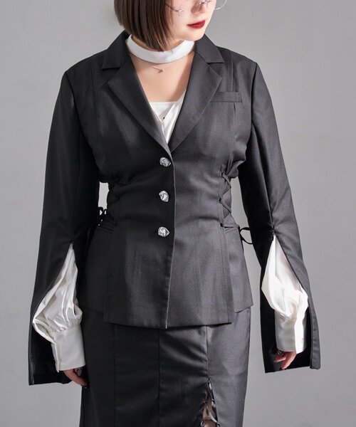 Mavie..7(メヴィセットゥ)の「【Mavie..7】サイドレースUPジャケット(テーラードジャケット・レディース・ストライプ/ブラック・FREE)」の10枚目の写真