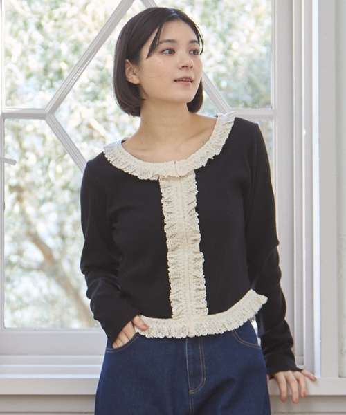 petit main LIEN(プティマインリアン)の「【親子リンク】レースフリルテレコ長袖Tシャツ(Tシャツ/カットソー・レディース・オフホワイト/トップグレー/ブラック・F)」の1枚目の写真