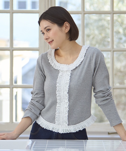 petit main LIEN(プティマインリアン)の「【親子リンク】レースフリルテレコ長袖Tシャツ(Tシャツ/カットソー・レディース・オフホワイト/トップグレー/ブラック・F)」の3枚目の写真