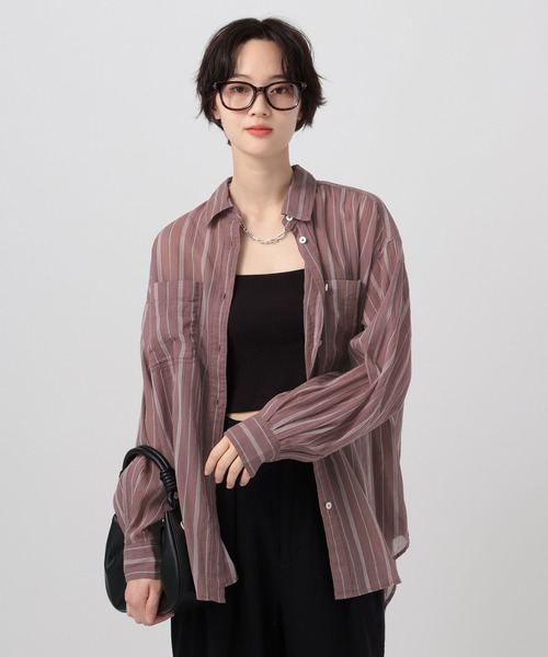 BAYFLOW（ベイフロー）の「[夏まで着られる]コットンシアーシャツ（シャツ/ブラウス・レディース・グリーン系/ピンク/ブラウン系/オフホワイト/イエロー系/ブルー系/ブラック系/ミント/オレンジ・FREE）」の4枚目の写真