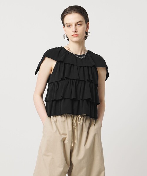 ASTRAET（アストラット）の「＜ASTRAET＞フリル  ティアード ノースリーブカットソー（Tシャツ/カットソー・レディース・ホワイト/ブラック・FREE）」の2枚目の写真