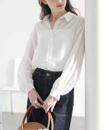 【洗える】ストライプシアーギャザーシャツ