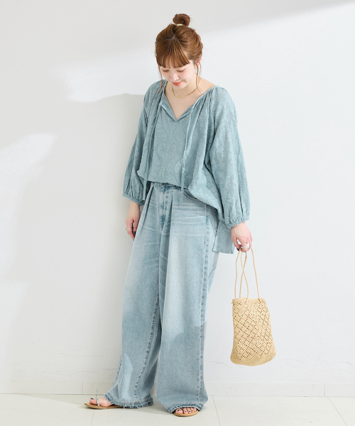 B.C STOCK（ベーセーストック）の「手洗い可 /  ジャガードスキッパーブラウス（シャツ/ブラウス・レディース・アイボリー/サックスブルー・FREE）」の10枚目の写真