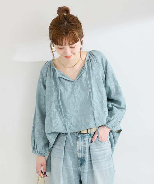 B.C STOCK（ベーセーストック）の「手洗い可 /  ジャガードスキッパーブラウス（シャツ/ブラウス・レディース・アイボリー/サックスブルー・FREE）」の13枚目の写真