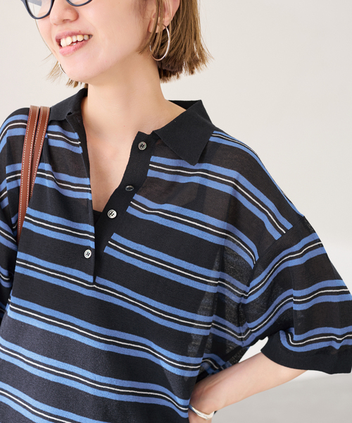 FRAMeWORK（フレームワーク）の「シアーボーダーポロシャツニット（ニット/セーター・レディース・ネイビー/ブラウン・FREE）」の2枚目の写真