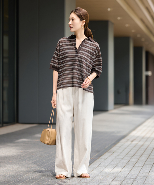 FRAMeWORK（フレームワーク）の「シアーボーダーポロシャツニット（ニット/セーター・レディース・ネイビー/ブラウン・FREE）」の3枚目の写真