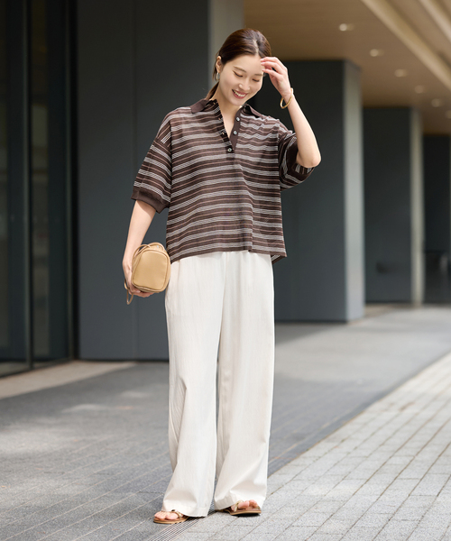 FRAMeWORK（フレームワーク）の「シアーボーダーポロシャツニット（ニット/セーター・レディース・ネイビー/ブラウン・FREE）」の4枚目の写真