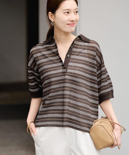 FRAMeWORK（フレームワーク）の「シアーボーダーポロシャツニット（ニット/セーター・レディース・ネイビー/ブラウン・FREE）」の7枚目の写真