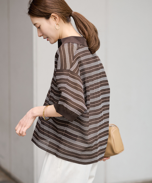 FRAMeWORK（フレームワーク）の「シアーボーダーポロシャツニット（ニット/セーター・レディース・ネイビー/ブラウン・FREE）」の8枚目の写真