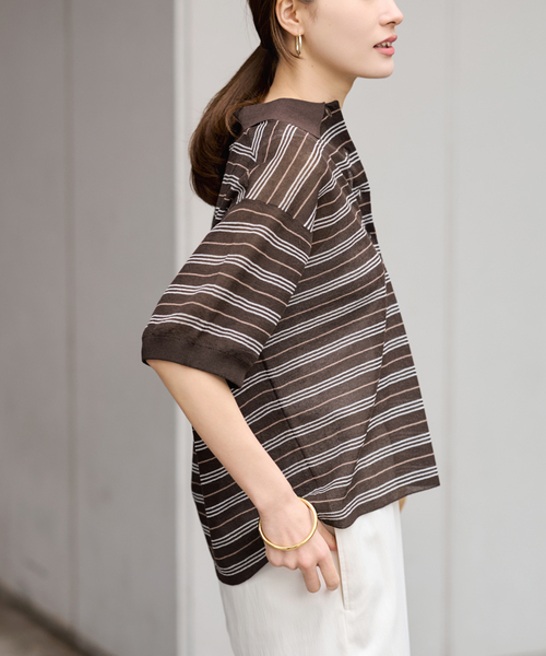 FRAMeWORK（フレームワーク）の「シアーボーダーポロシャツニット（ニット/セーター・レディース・ネイビー/ブラウン・FREE）」の9枚目の写真