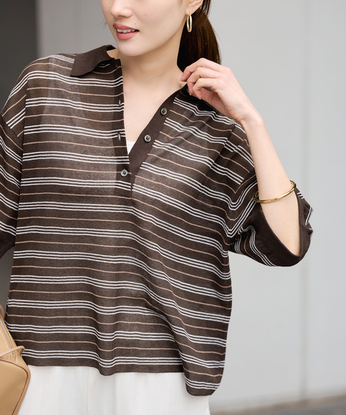 FRAMeWORK（フレームワーク）の「シアーボーダーポロシャツニット（ニット/セーター・レディース・ネイビー/ブラウン・FREE）」の11枚目の写真