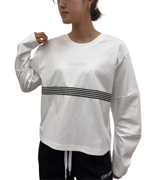 COOK JEANS(クックジーンズ)の「2WAYテープTシャツ(Tシャツ/カットソー・レディース・ホワイト/バーガンディー/ブラック・FREE)」の2枚目の写真