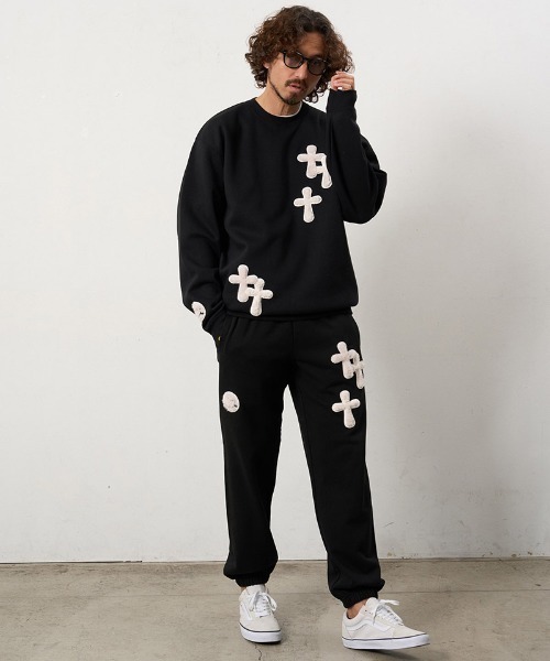 STUD MUFFIN（スタッドマフィン）の「mp15045- 10ozコットン裏毛パイル ファー-ムックボアミックスパッチワーク スエットパンツ(624-06291)（スウェットパンツ・メンズ・ミックスグレー/ブラック・4/3/2）」の5枚目の写真