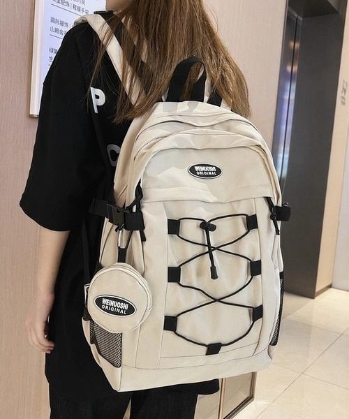 yuue' ( wear )(ユーイ)の「大容量ドローコードナイロンリュックサック/ミニポーチ付き/通勤通学/バックパック/ユニセックス(バックパック/リュック・レディース・アイボリー/ブラック・FREE)」の2枚目の写真