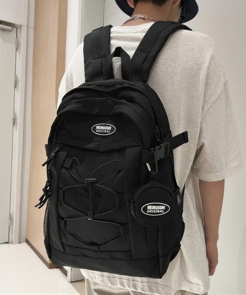 yuue' ( wear )(ユーイ)の「大容量ドローコードナイロンリュックサック/ミニポーチ付き/通勤通学/バックパック/ユニセックス(バックパック/リュック・レディース・アイボリー/ブラック・FREE)」の1枚目の写真