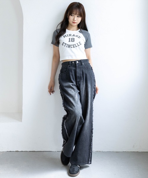 clear（クリア）の「ラグラン配色チビT［骨格ウェーブ/ショート丈/カジュアル］（Tシャツ/カットソー・レディース・ブラック/カーキ/グレー・F）」の9枚目の写真