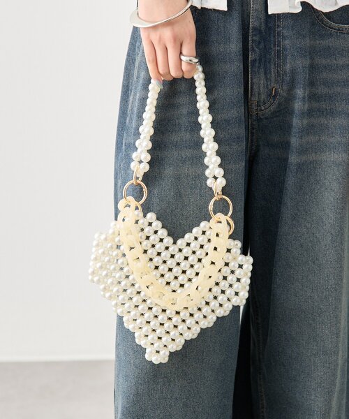 mystic(ミスティック)の「ビーズハンドルハートBAG(トートバッグ・レディース・シルバー/アイボリー・ONE SIZE)」の3枚目の写真