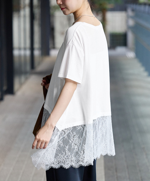 IENA(イエナ)の「レースドッキングTシャツ(Tシャツ/カットソー・レディース・ブラック/ホワイト・FREE)」の2枚目の写真