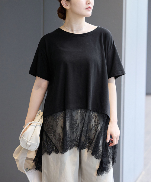 IENA(イエナ)の「レースドッキングTシャツ(Tシャツ/カットソー・レディース・ブラック/ホワイト・FREE)」の1枚目の写真