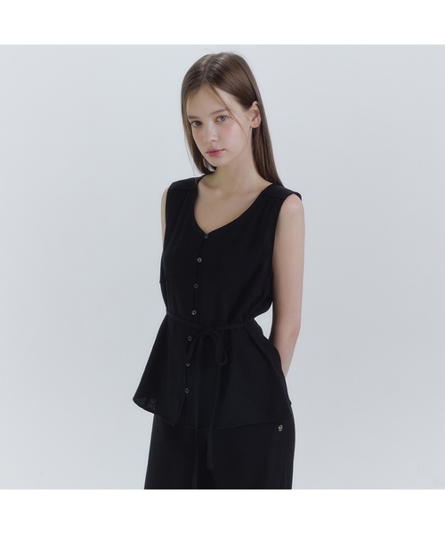 MICANE(ミケーネ)の「ヌオーリネンスリーブレスブラウス-パンツセットアップ(シャツ/ブラウス・レディース・ブラック/ダークベージュ・X-LARGE/SMALL/MEDIUM/LARGE)」の1枚目の写真
