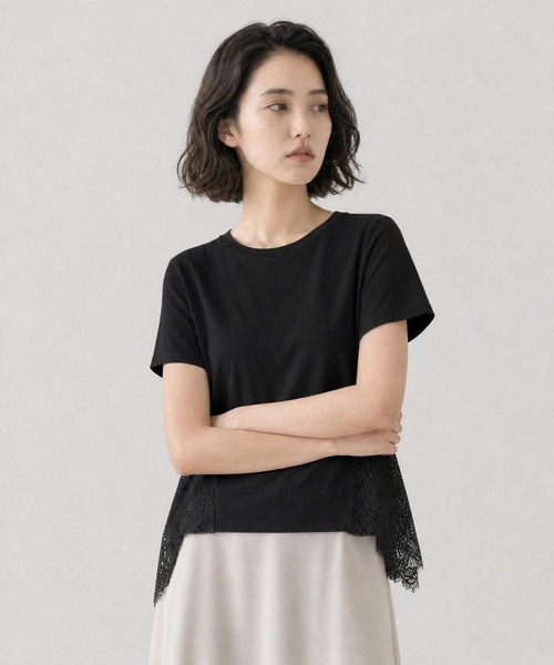 GLOBAL WORK（グローバルワーク）の「バック切り替えレースTシャツ半袖/713124（Tシャツ/カットソー・レディース・ホワイト×ブラック/オフホワイト/ブラック・MEDIUM/LARGE）」の17枚目の写真
