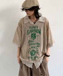 【2色展開】ニセ重ね着デザイン ヴィンテージプリント ストライプ透かし編み半袖