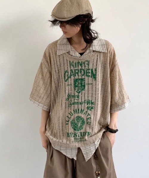 [2 цвета] Nise тяжелая многослойная дизайн Vintagе print Striped полурукав