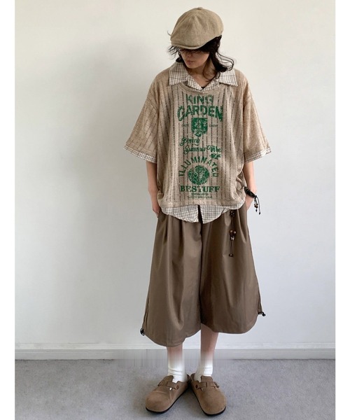 FreeZone（フリーゾーン）の「【2色展開】ニセ重ね着デザイン ヴィンテージプリント ストライプ透かし編み半袖（シャツ/ブラウス・メンズ・カーキ/グレー・FREE）」の3枚目の写真