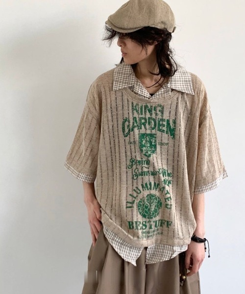FreeZone（フリーゾーン）の「【2色展開】ニセ重ね着デザイン ヴィンテージプリント ストライプ透かし編み半袖（シャツ/ブラウス・メンズ・カーキ/グレー・FREE）」の7枚目の写真