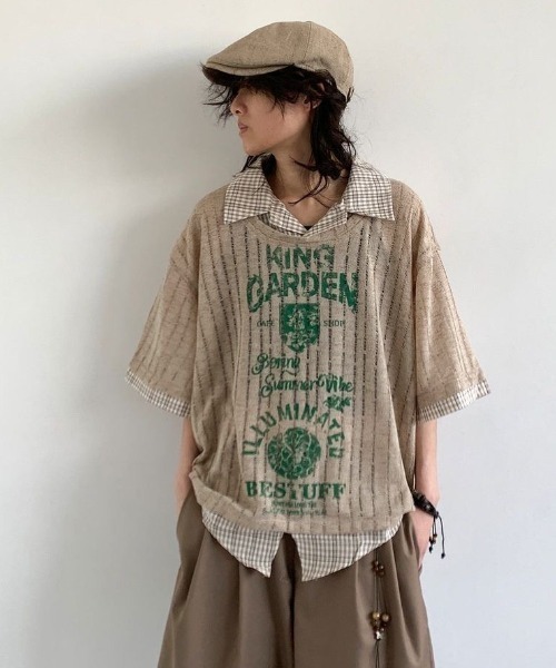 FreeZone（フリーゾーン）の「【2色展開】ニセ重ね着デザイン ヴィンテージプリント ストライプ透かし編み半袖（シャツ/ブラウス・メンズ・カーキ/グレー・FREE）」の8枚目の写真