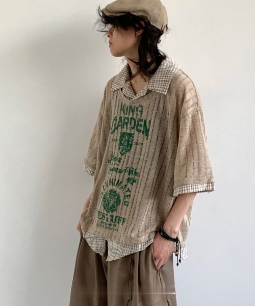 FreeZone（フリーゾーン）の「【2色展開】ニセ重ね着デザイン ヴィンテージプリント ストライプ透かし編み半袖（シャツ/ブラウス・メンズ・カーキ/グレー・FREE）」の10枚目の写真