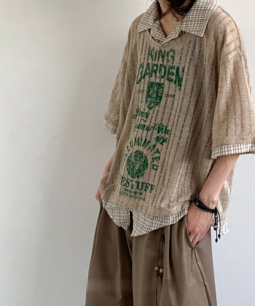 FreeZone（フリーゾーン）の「【2色展開】ニセ重ね着デザイン ヴィンテージプリント ストライプ透かし編み半袖（シャツ/ブラウス・メンズ・カーキ/グレー・FREE）」の12枚目の写真
