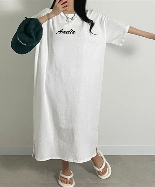 LETee(レティー)の「1枚で抜け感たっぷり!ロゴプリントが映えるリラックスTシャツワンピース(ワンピース・レディース・ホワイト/ブラック/グレー・FREE)」の6枚目の写真