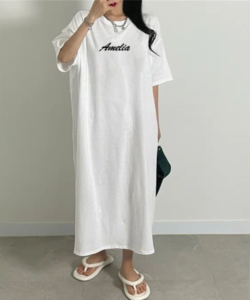 LETee(レティー)の「1枚で抜け感たっぷり!ロゴプリントが映えるリラックスTシャツワンピース(ワンピース・レディース・ホワイト/ブラック/グレー・FREE)」の5枚目の写真