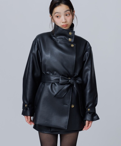 SENEE(セニー)の「2way stand collar middle coat(ツーウェイスタンドカラーミドルコート)(ノーカラーコート・レディース・ブラック/ブラック系その他/ブラウン・MEDIUM/SMALL)」の1枚目の写真