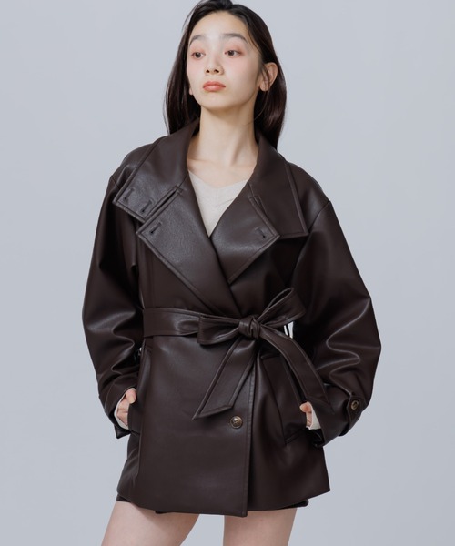 SENEE(セニー)の「2way stand collar middle coat(ツーウェイスタンドカラーミドルコート)(ノーカラーコート・レディース・ブラック/ブラック系その他/ブラウン・MEDIUM/SMALL)」の10枚目の写真
