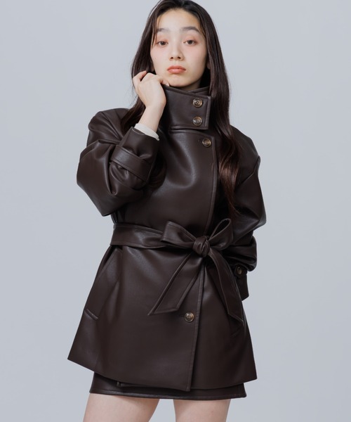 SENEE(セニー)の「2way stand collar middle coat(ツーウェイスタンドカラーミドルコート)(ノーカラーコート・レディース・ブラック/ブラック系その他/ブラウン・MEDIUM/SMALL)」の8枚目の写真