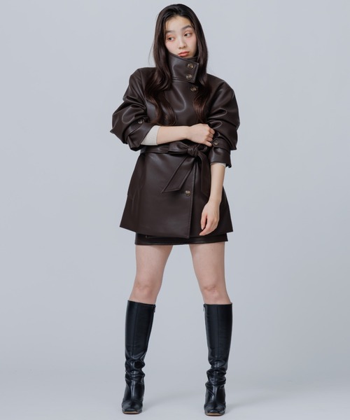 SENEE(セニー)の「2way stand collar middle coat(ツーウェイスタンドカラーミドルコート)(ノーカラーコート・レディース・ブラック/ブラック系その他/ブラウン・MEDIUM/SMALL)」の14枚目の写真