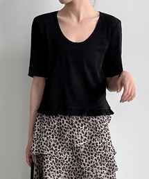 Uネック裾フリルリブTシャツ
