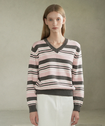 Cotton V-neck Striped Knit (charcoal)