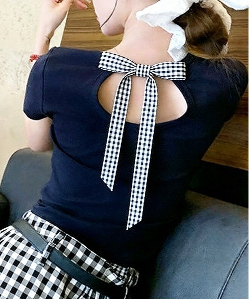 FREE STYLISTS（フリー スタイリスト）の「韓国風 背面リボン ニット  Tシャツ（Tシャツ/カットソー・レディース・ネイビー・M）」の7枚目の写真