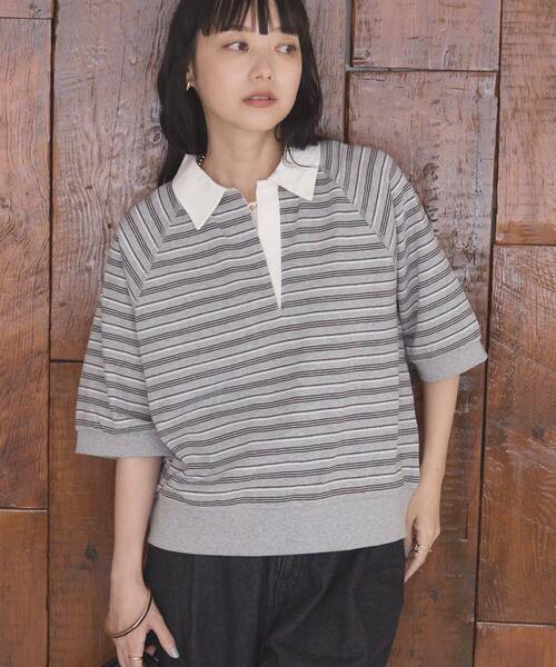 AMERICAN HOLIC（アメリカンホリック）の「衿配色5分袖ラガーシャツ（Tシャツ/カットソー・レディース・ブルー系その他2/ボルドー/杢グレー・FREE）」の8枚目の写真