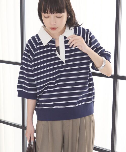 AMERICAN HOLIC（アメリカンホリック）の「衿配色5分袖ラガーシャツ（Tシャツ/カットソー・レディース・ブルー系その他2/ボルドー/杢グレー・FREE）」の16枚目の写真